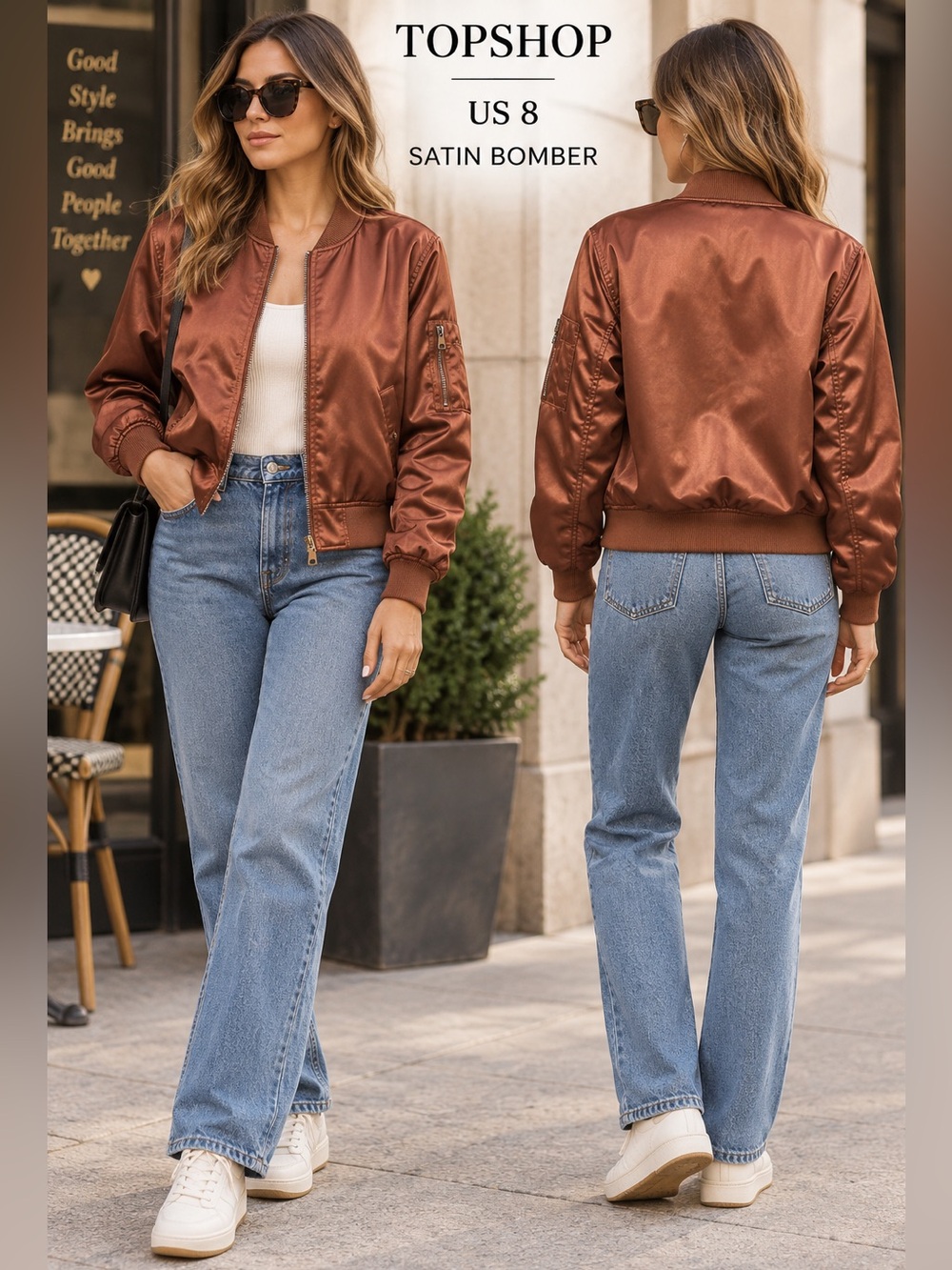 Topshop Women’s sz 8 Copper Satin Bomber Jacket Utility Y2K Streetwear festival